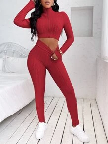 Honeycomb Textured Zipper Front Crop Top With Leggings - Red - View 5