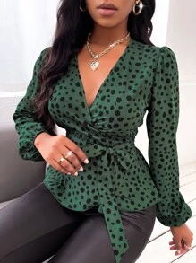 SHEIN Essnce 隨機斑點印花燈籠袖腰帶襯衫 - 綠色 - 查看 6
