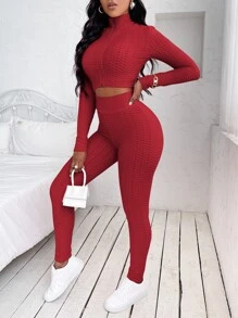 Honeycomb Textured Zipper Front Crop Top With Leggings - Red - View 6