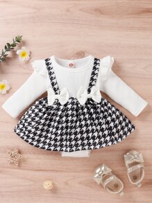 Bebé Vestido body de combinación de pata de gallo panel ribete con fruncido con lazo delantero 2 en 1