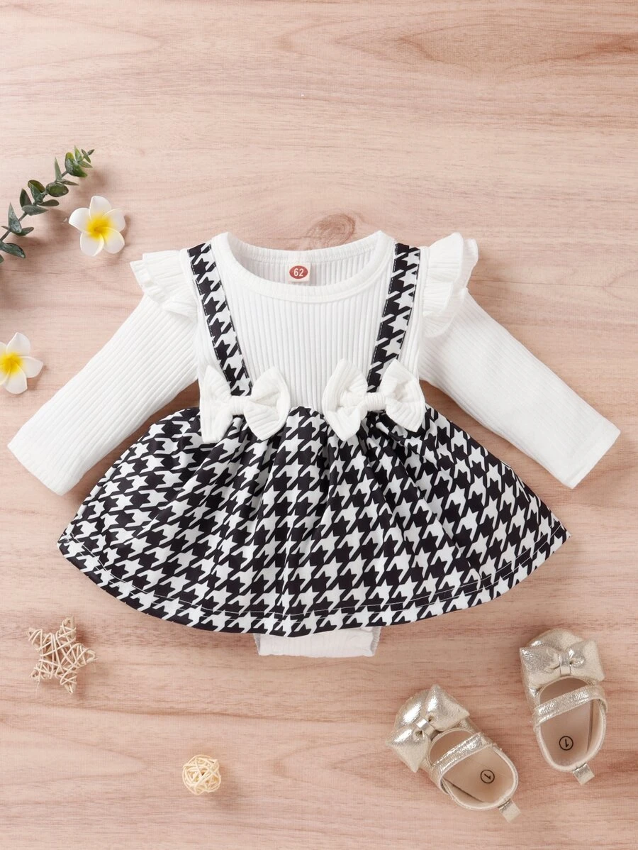 Bebé Vestido body de combinación de pata de gallo panel ribete con fruncido con lazo delantero 2 en 1