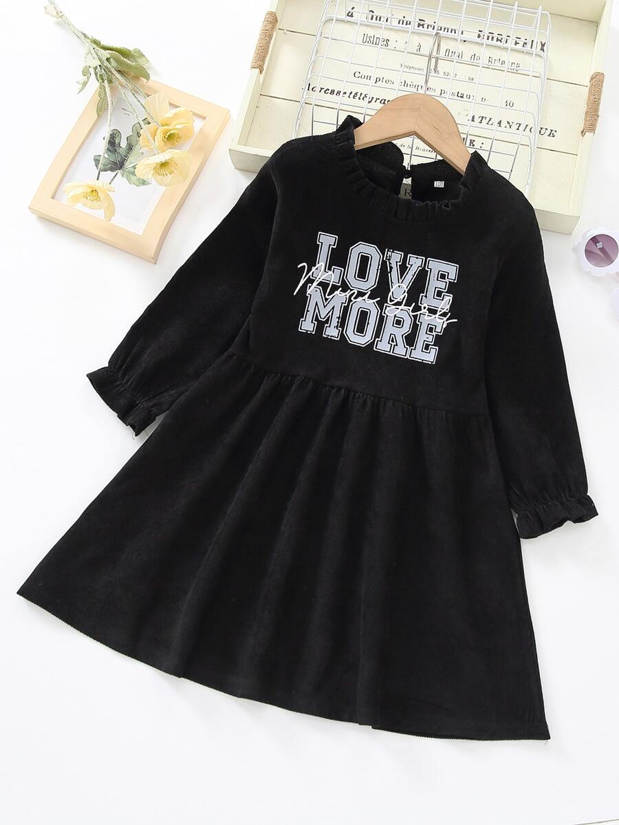 小女童字母圖案荷葉袖燈芯絨洋裝