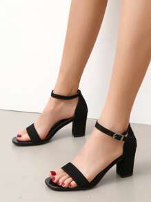 Women Black Minimalist Chunky Heeled Sandals, Fashionable Open Toe Ankle Strap Sandals For Daily