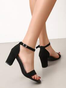 Women Black Minimalist Chunky Heeled Sandals, Fashionable Open Toe Ankle Strap Sandals For Daily