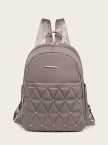 Quilted Studded Decor Functional Backpack - Light Grey - View 1