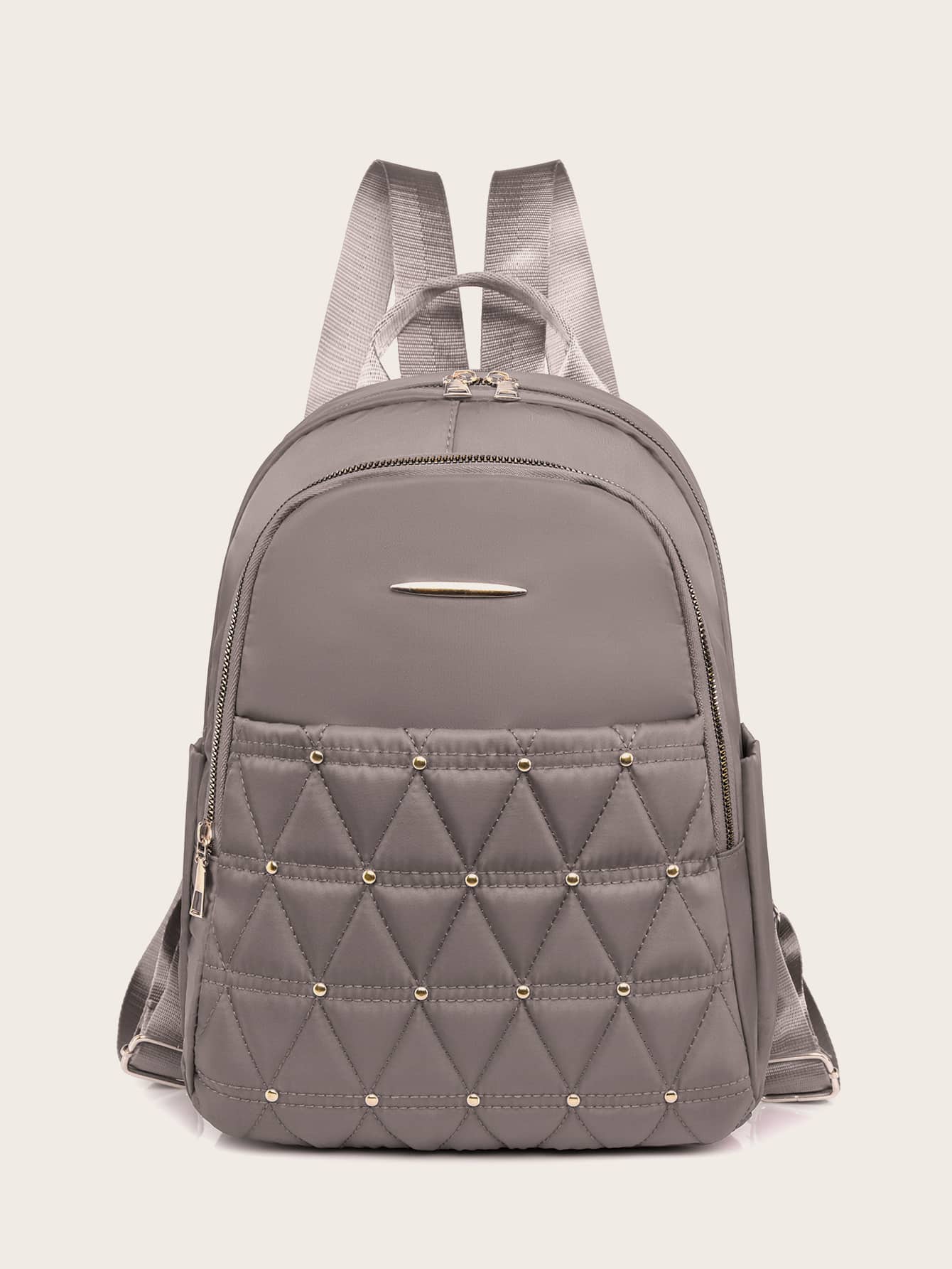 Quilted Studded Decor Functional Backpack - Light Grey - View 1
