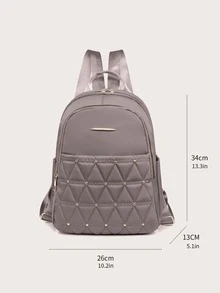 Quilted Studded Decor Functional Backpack - Light Grey - View 3
