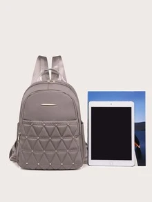 Quilted Studded Decor Functional Backpack - Light Grey - View 4