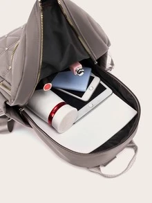 Quilted Studded Decor Functional Backpack - Light Grey - View 5