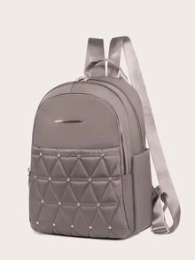 Quilted Studded Decor Functional Backpack - Light Grey - View 6