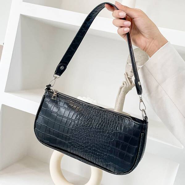 

Crocodile Embossed Baguette Bag, Black