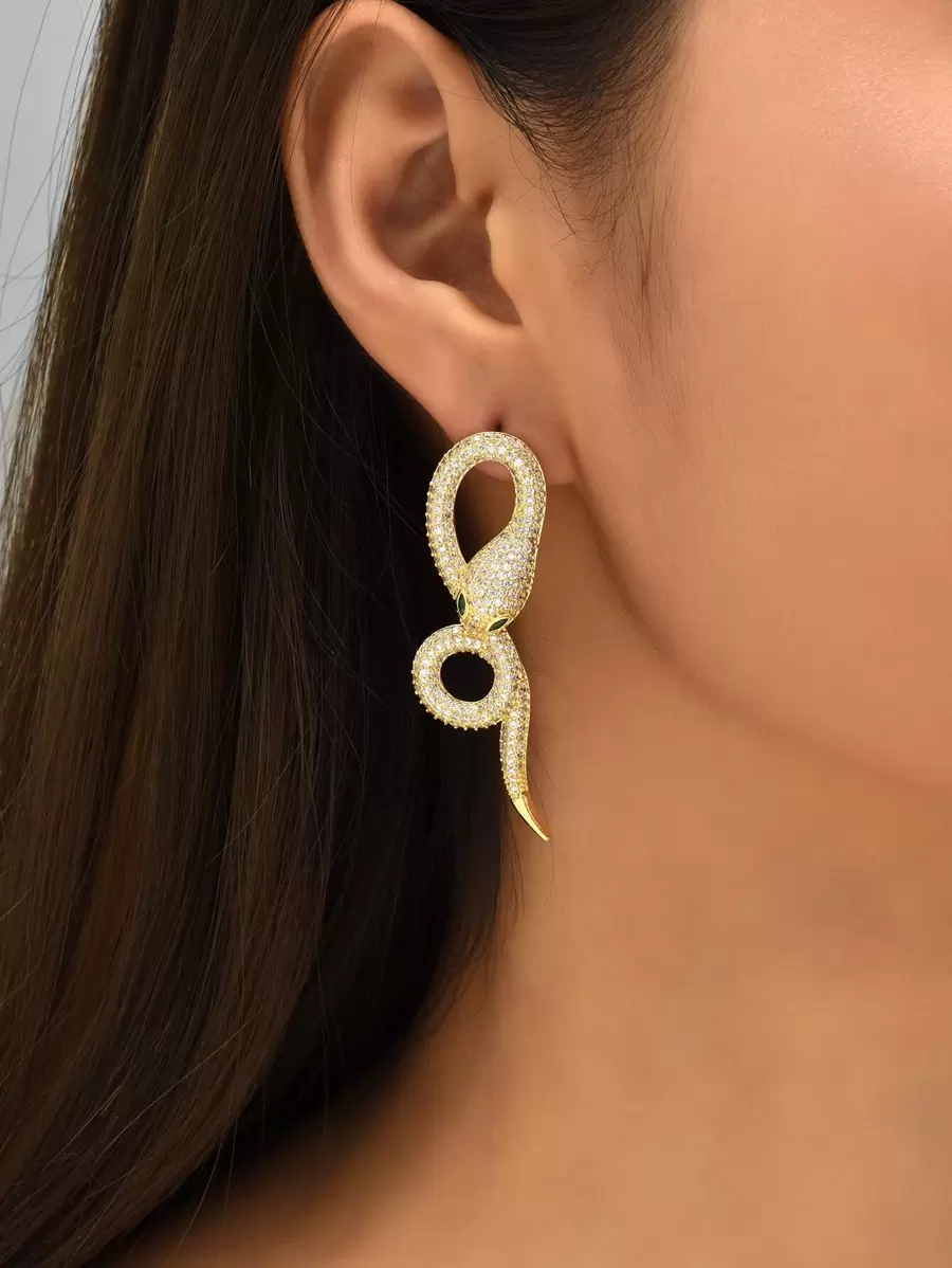 14K Gold Plated Rhinestone Snake Decor Stud Earrings