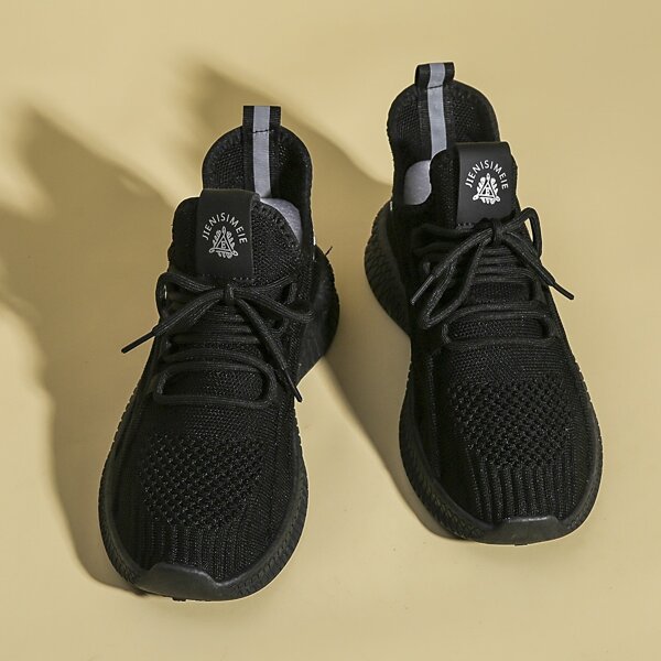 

Lace-up Front Letter Patch Knit Running Shoes, Black