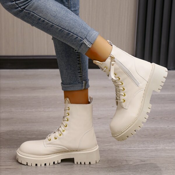 

Metallic Decor Front Combat Boots, Beige