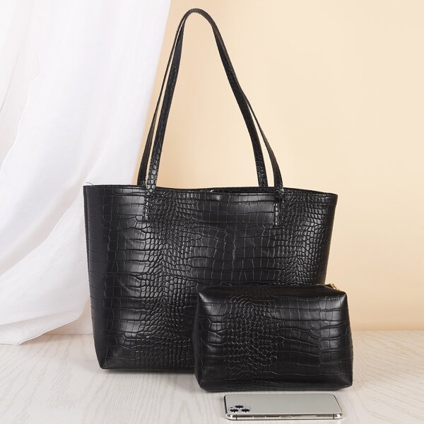 

Croc Embossed Tote Bag, Black