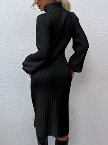 SHEIN Unity 高領條紋針織腰帶下擺開叉毛衣洋裝