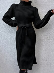 SHEIN Unity 高領條紋針織腰帶下擺開叉毛衣洋裝