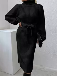 SHEIN Unity 高領條紋針織腰帶下擺開叉毛衣洋裝