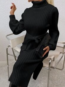 SHEIN Unity 高領條紋針織腰帶下擺開叉毛衣洋裝