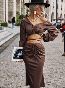 Bộ đồ hai mảnh nữ Dây kéo Xù màu trơn Giải trí - Màu nâu Sô-cô-la - Xem 1