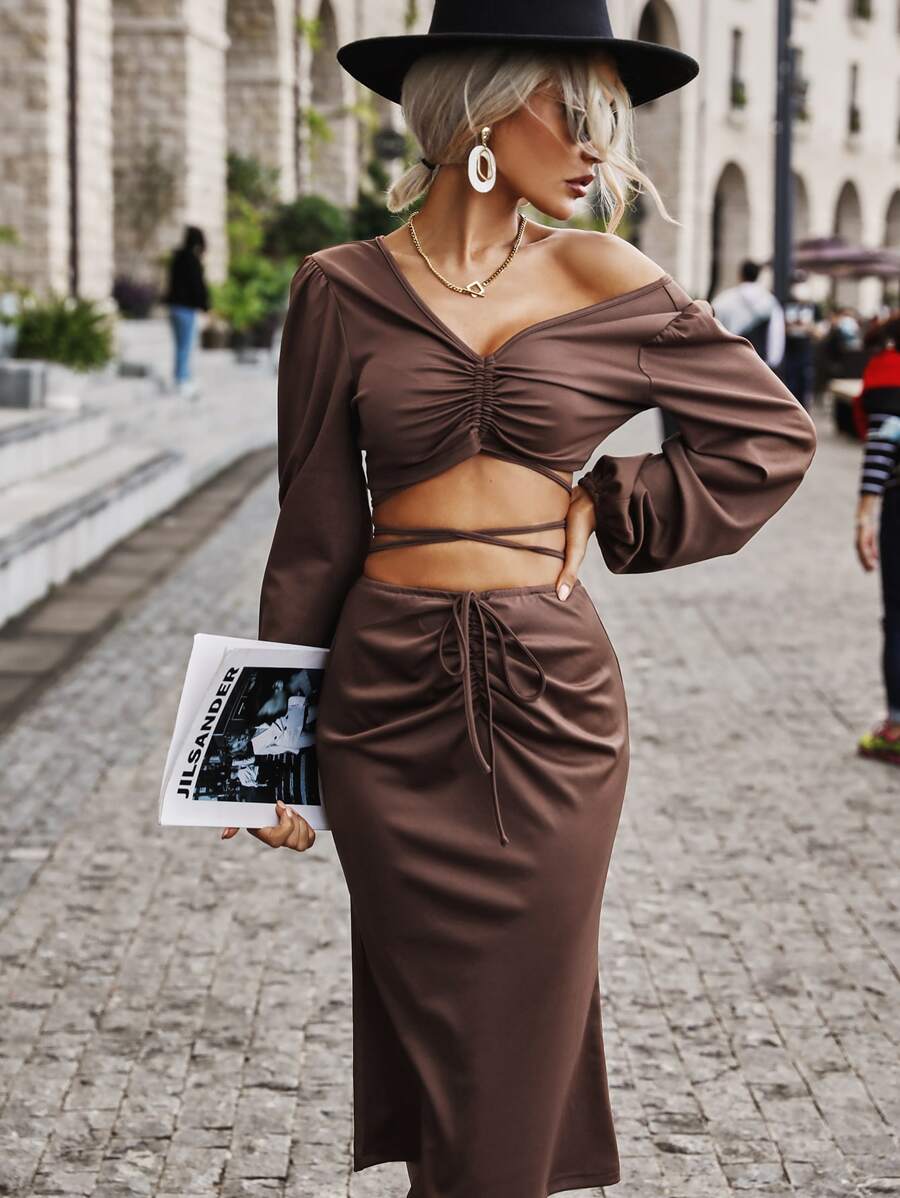Bộ đồ hai mảnh nữ Dây kéo Xù màu trơn Giải trí - Màu nâu Sô-cô-la - Xem 1