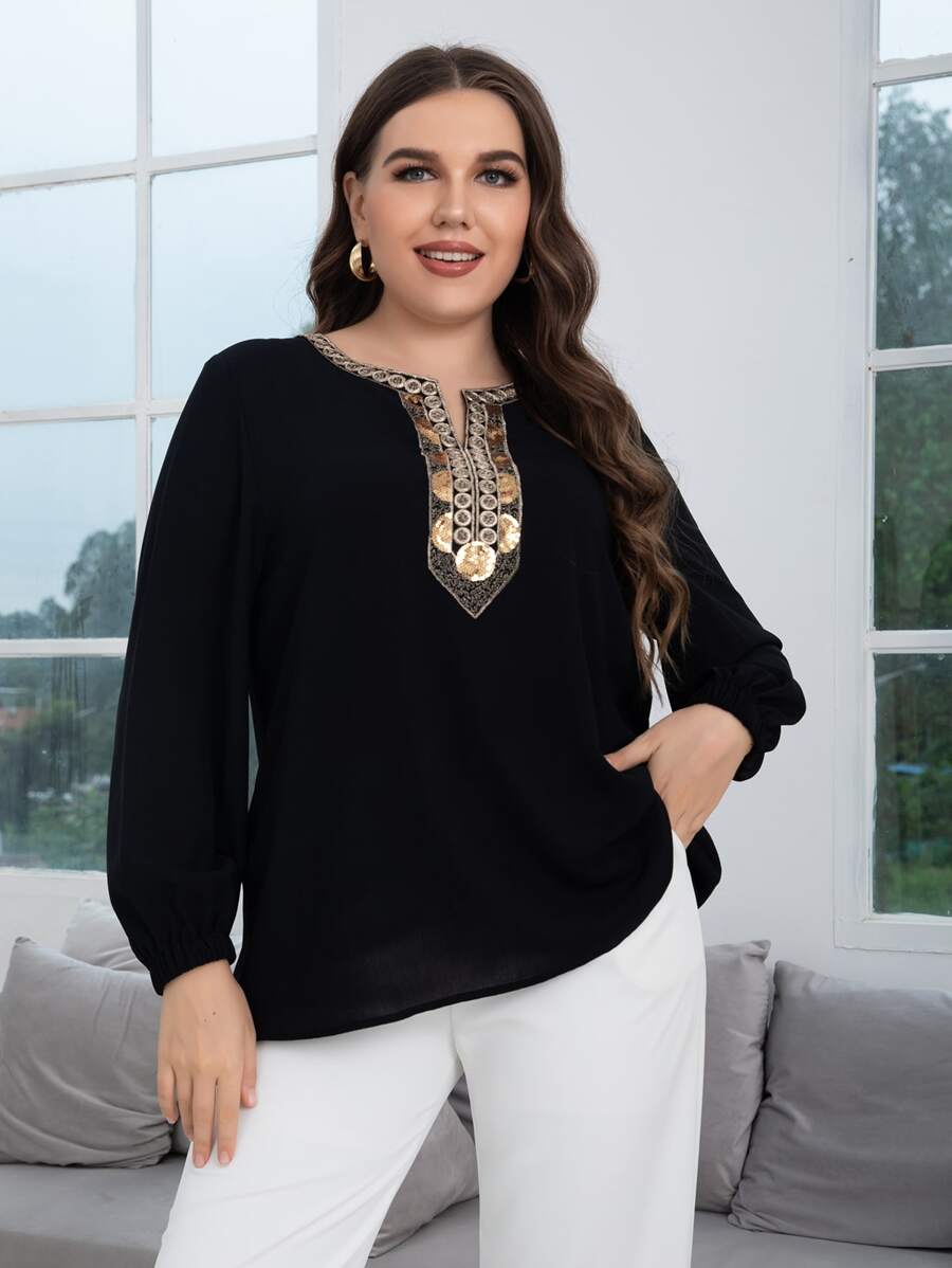 SHEIN LUNE Plus Sequin Detail Notched Neck Blouse - Black - View 1