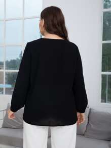 SHEIN LUNE Plus Sequin Detail Notched Neck Blouse - Black - View 2