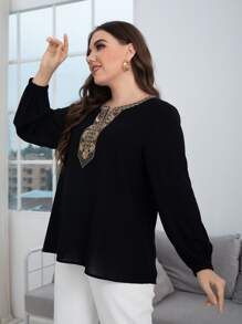 SHEIN LUNE Plus Sequin Detail Notched Neck Blouse - Black - View 4