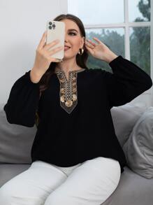 SHEIN LUNE Plus Sequin Detail Notched Neck Blouse - Black - View 5