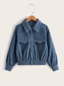 Girls Flap Detail Drop Shoulder Single Breasted Corduroy Jacket - Dusty Blue - View 1