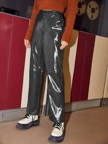 SHEIN Unity Zipper Fly Wide Leg PU Leather Trousers - Dark Grey - View 1