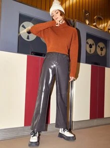 SHEIN Unity Zipper Fly Wide Leg PU Leather Trousers - Dark Grey - View 4