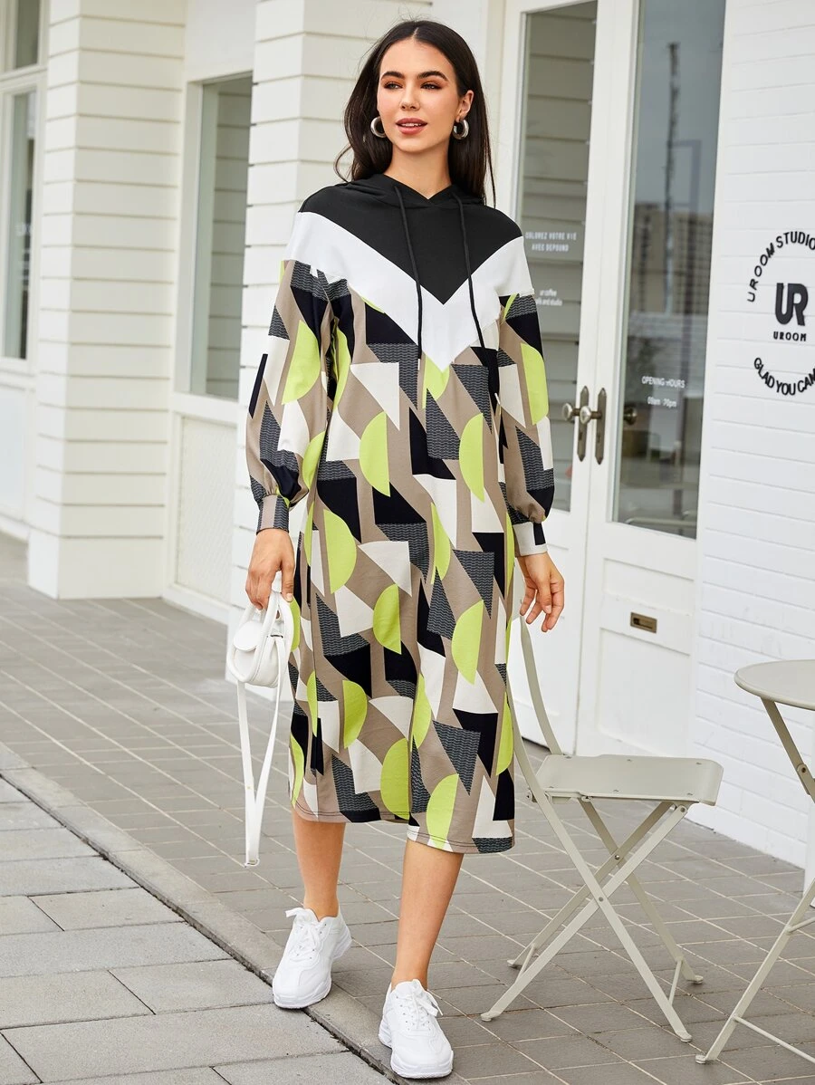 Mulvari Geo Print Bishop Sleeve Drawstring Hooded Dress - Multicolor - View 1