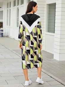 Mulvari Geo Print Bishop Sleeve Drawstring Hooded Dress - Multicolor - View 2