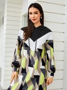 Mulvari Geo Print Bishop Sleeve Drawstring Hooded Dress - Multicolor - View 3
