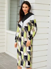 Mulvari Geo Print Bishop Sleeve Drawstring Hooded Dress - Multicolor - View 5