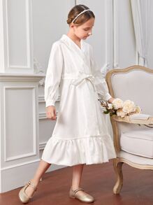 SHEIN X FARAH Girls Shawl Collar Ruffle Hem Belted Dress - White - View 1