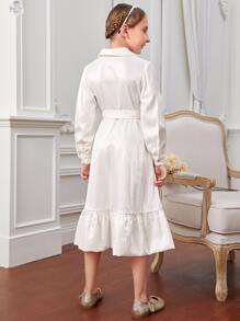 SHEIN X FARAH Girls Shawl Collar Ruffle Hem Belted Dress - White - View 2