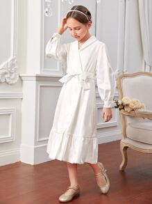 SHEIN X FARAH Girls Shawl Collar Ruffle Hem Belted Dress - White - View 3