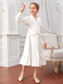 SHEIN X FARAH Girls Shawl Collar Ruffle Hem Belted Dress - White - View 4