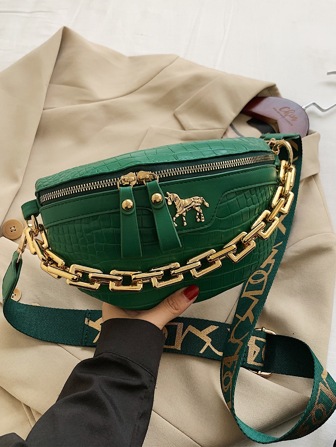 新款時尚休閒女包,壓克力鏈條腰包,復古鱷魚圖案胸包,禮物,紅色