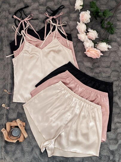 3sets Tie Shoulder Satin Cami Top & Shorts PJ Set / Pajama Set