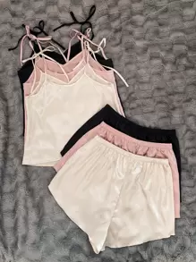 3sets Tie Shoulder Satin Cami Top & Shorts PJ Set / Pajama Set - Multicolor - View 2