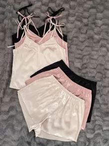 3sets Tie Shoulder Satin Cami Top & Shorts PJ Set / Pajama Set - Multicolor - View 4