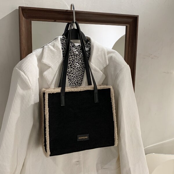 

Letter Patch Shoulder Tote Bag, Black