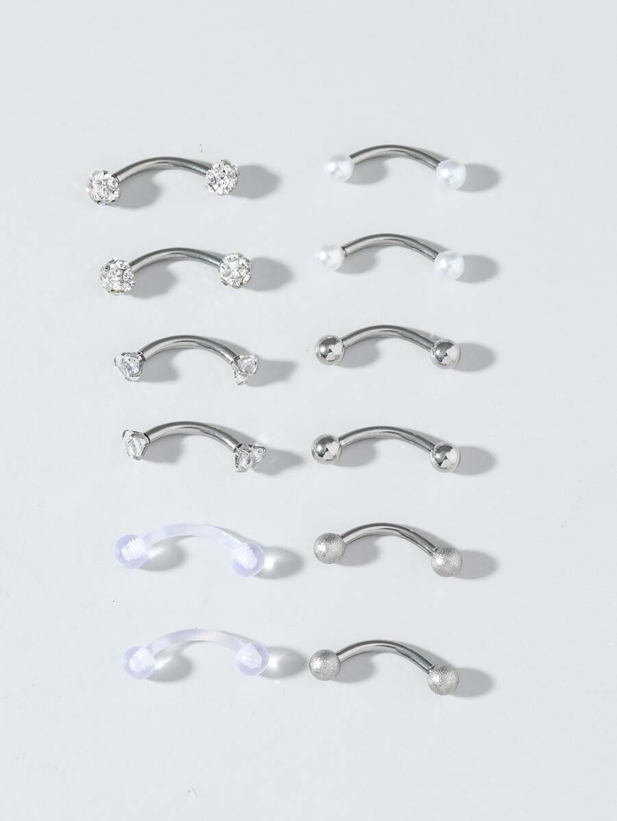 12piezas/set Hombres Anillo de ceja con decoración de diamantes de imitación y bolas, piercing punk de cristal de acero inoxidable unisex, un regalo de joyería corporal de moda para cualquier ocasión, joyería de acero inoxidable