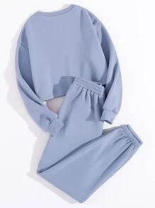 SHEIN Unity Bộ đồ hai mảnh nữ màu trơn Giải trí - Màu xanh lam - Xem 2