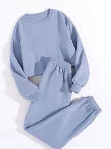 SHEIN Unity Bộ đồ hai mảnh nữ màu trơn Giải trí - Màu xanh lam - Xem 4