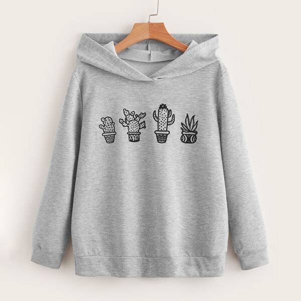 

Plant Print Hooded Sweatshirt, Grey