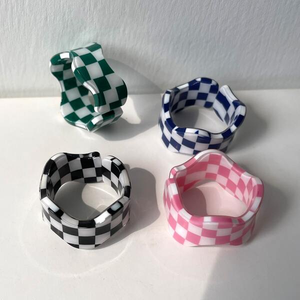 

4pcs Plaid Print Ring, Multicolor